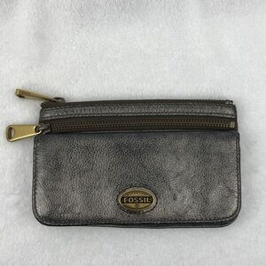 Fossil Metallic Gun Metal Leather Bi-Fold Wallet 7”